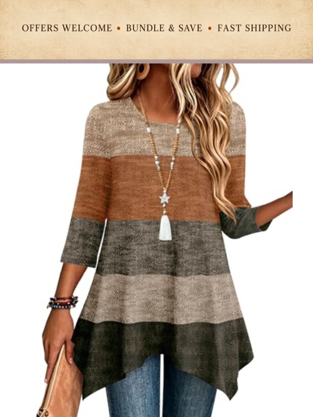 Womens Loose Fit Dressy Tunic Top 3/4 Sleeve Asymmetrical Hem